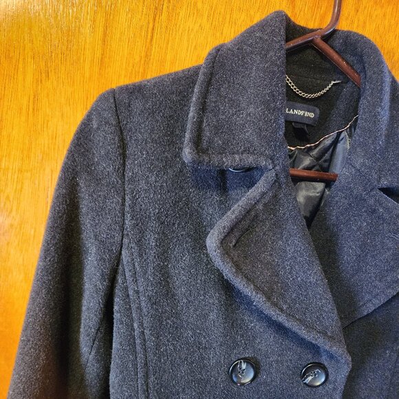 Women's Size 8 Lands' End Black Double Breasted Wool Cashmere Blend Pea Coat - Picture 2 of 10